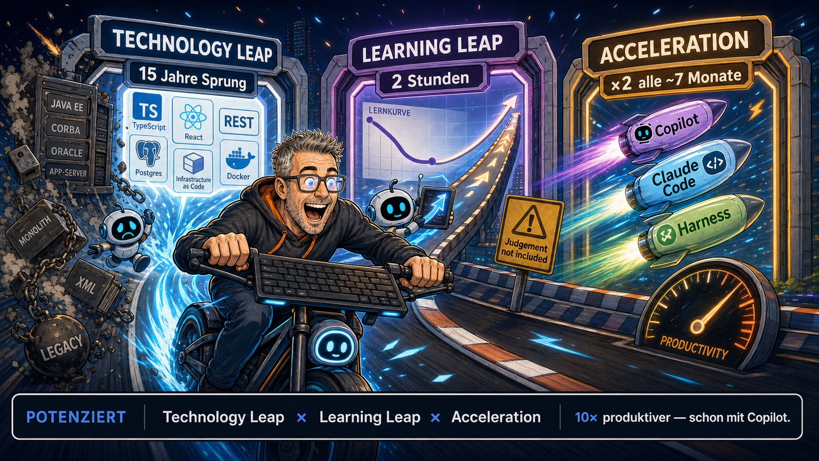 20X – Comic: Mischa auf dem Velo, Technology Leap × Learning Leap × Acceleration