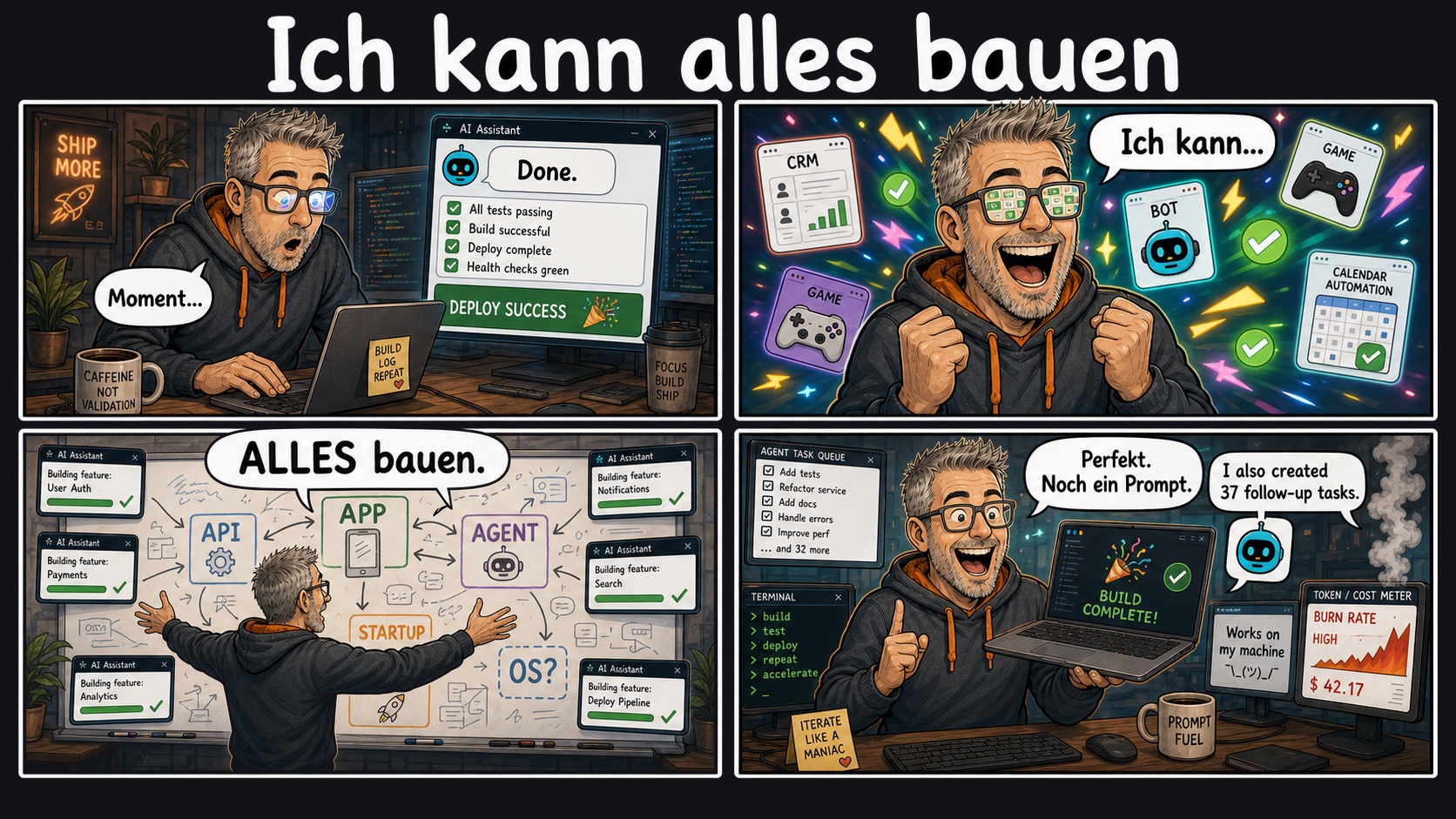 Comic: Ich kann alles bauen – Whiteboard mit API, App, Agent, Burn-Rate-Anzeige
